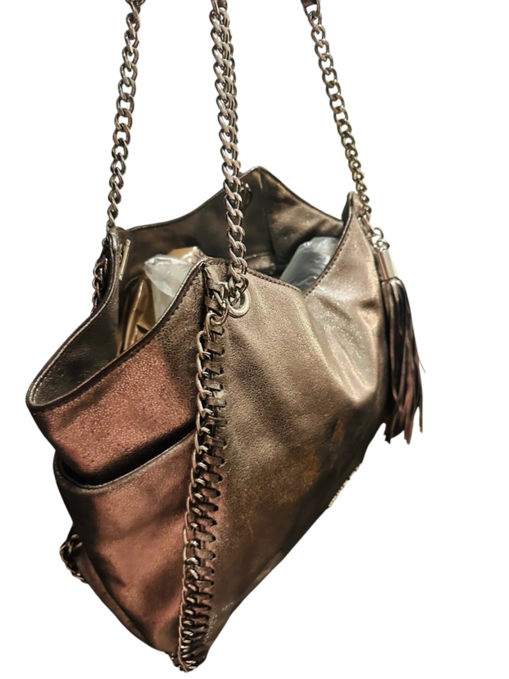 Michael Kors Metallic Silver Leather Shoulder Tote with Tassel - Picture 13 of 17